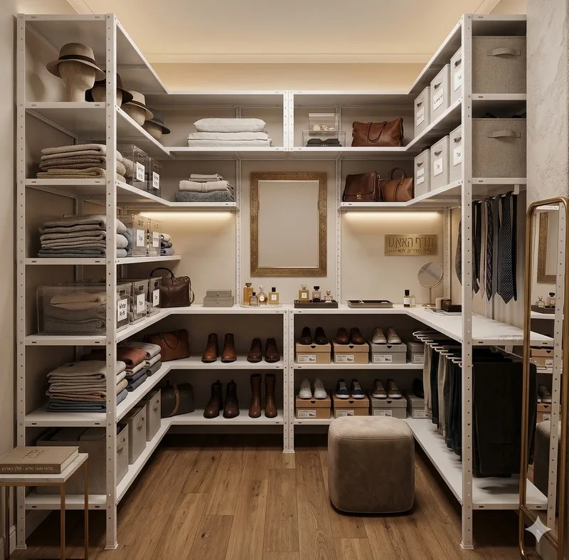 חדר ארונות עם מדפים מודולריים