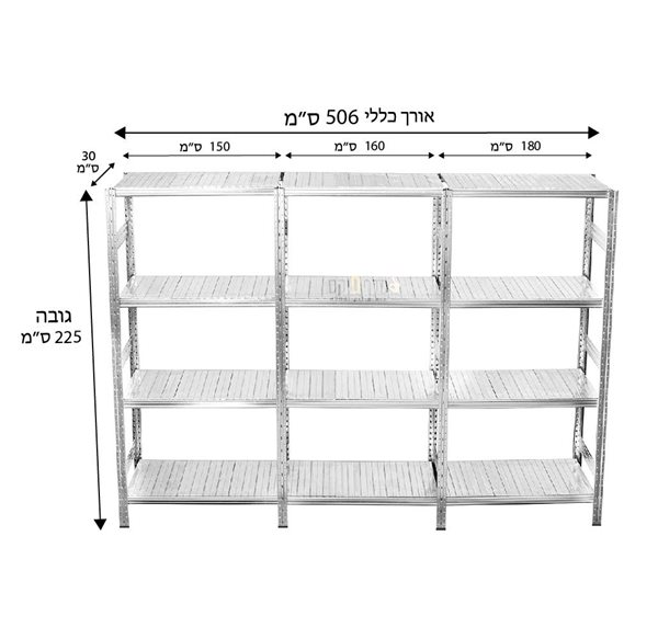 אורך 506 ס"מ, גובה 225 ס"מ, עומק 30 ס"מ