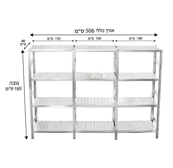 אורך 506 ס"מ, גובה 180 ס"מ, עומק 80 ס"מ
